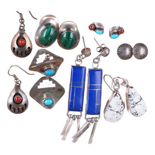 7pr Vintage Southwestern sterling silver earrings 7 pair For Sale