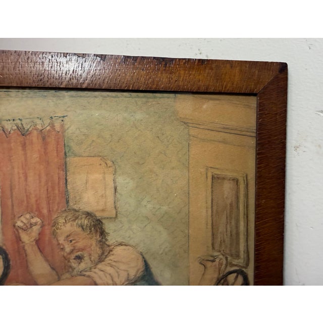 Antique 19th Century Original Men Playing Cards at Table Watercolor Painting For Sale - Image 10 of 12