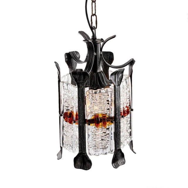 Brutalist Pendant Lamp in Wrought Iron and Colored Murano Glass attributed to Tom Ahlström & Hans Ehrich, Sweden, 1960s For Sale - Image 4 of 9