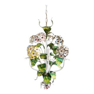 Vintage Italian Handpainted Foral Motif Tole Chandelier For Sale