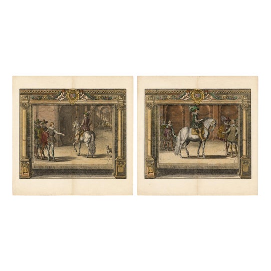 French School Artist, Equestrian Court, 1623, Engraving, Set of 2 For Sale