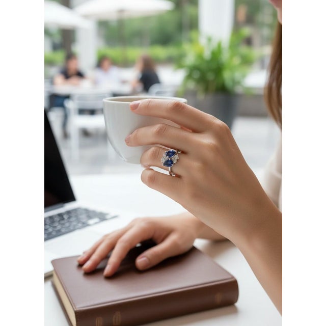 Modern Platinum Sapphire & Diamond Moi Et Toi Crossover Ring For Sale - Image 3 of 10