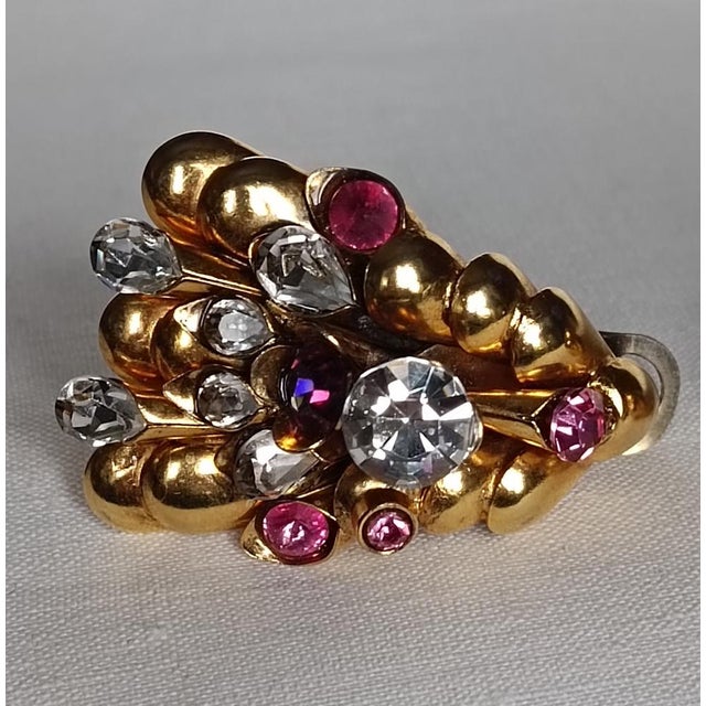 Clip-on Earrings in Brass and Rhinestone, 1980s, Set of 2 For Sale - Image 4 of 11