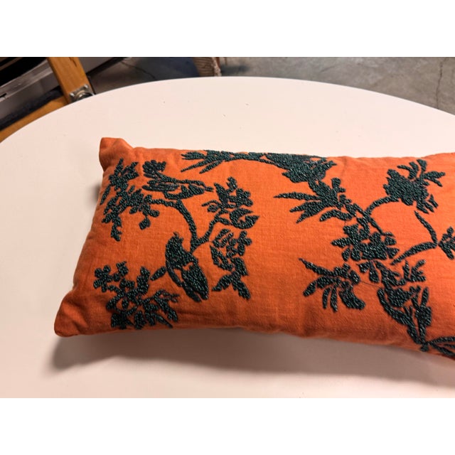 Orange + Dark Green Embroidered Lumbar Pillow For Sale - Image 4 of 12