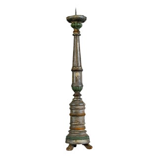Antique Polychrome Turned Wood Pricket Candlestick on Tripod Base For Sale