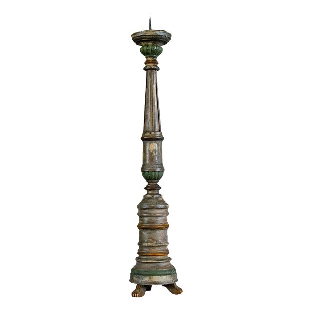 Antique Polychrome Turned Wood Pricket Candlestick on Tripod Base For Sale