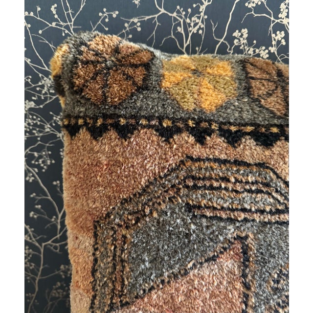 Oversized handmade Turkish wool rug pillow, crafted from an older handwoven rug and finished as a substantial square floor...