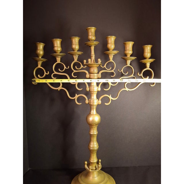 Traditional Rare 19thC Antique Polish Brass Menorah Large 22.7" 7 Branch Synagogue Knops For Sale - Image 3 of 18