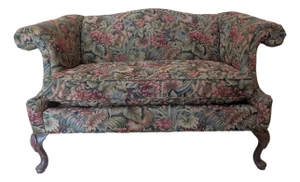 Late 20th Century Handbuilt Custom Traditional Loveseat Cabriole Legs Floral Wool Upholstery by Temple Furniture