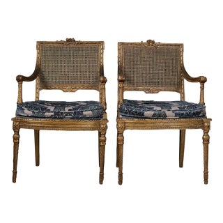 Antique Pair of Early 19th Century French Louis XVI Barbola Gilt Cane Chairs For Sale