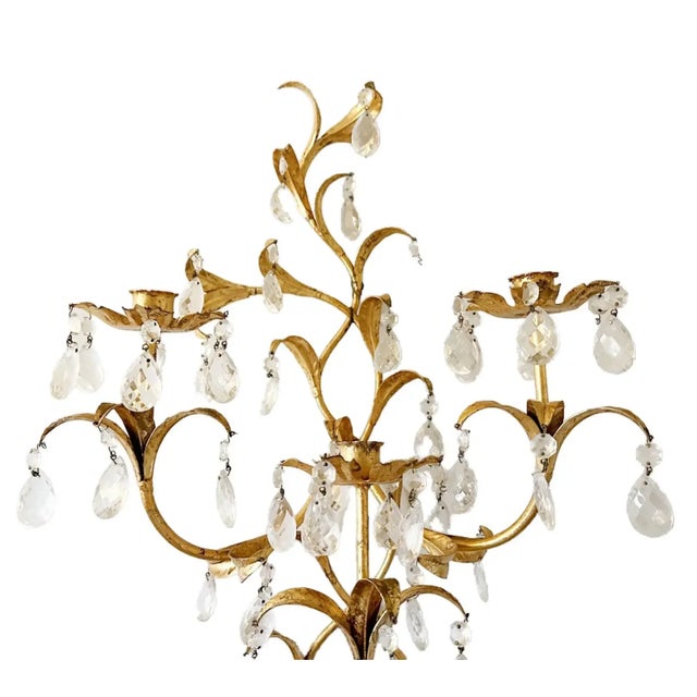 Rococo Pair of Large Vintage Rococo Italian Gilt Tole 5 Candle Sconces With Crystals For Sale - Image 3 of 4