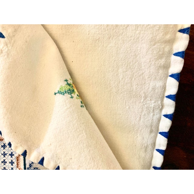 Vintage Collectibles 1930’s 1940’s Cross Stitch Embroidery Tablecloth With Blue Embroidered Trim, Ecru, Polish Fork Art For Sale - Image 9 of 12