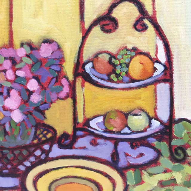 Contemporary Garden Table - Vibrant Oil Painting With Flowers and Fruit For Sale - Image 3 of 7