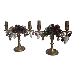 19thc Antique French Napoleon III Bronze and Crystal Grapes/ Fruit Girandoles/ Table Lamps a - Pair