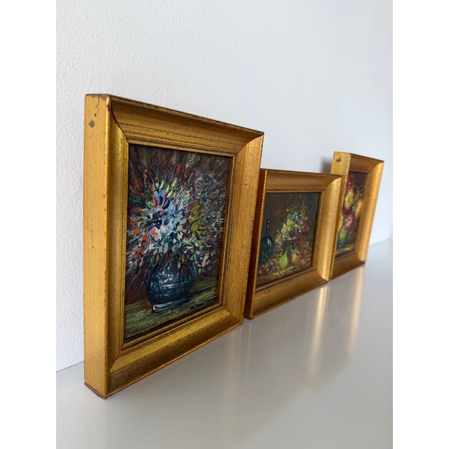 1980’s Vintage Still Life Oil on Masonite Paintings, Framed Set of 3 For Sale - Image 4 of 12
