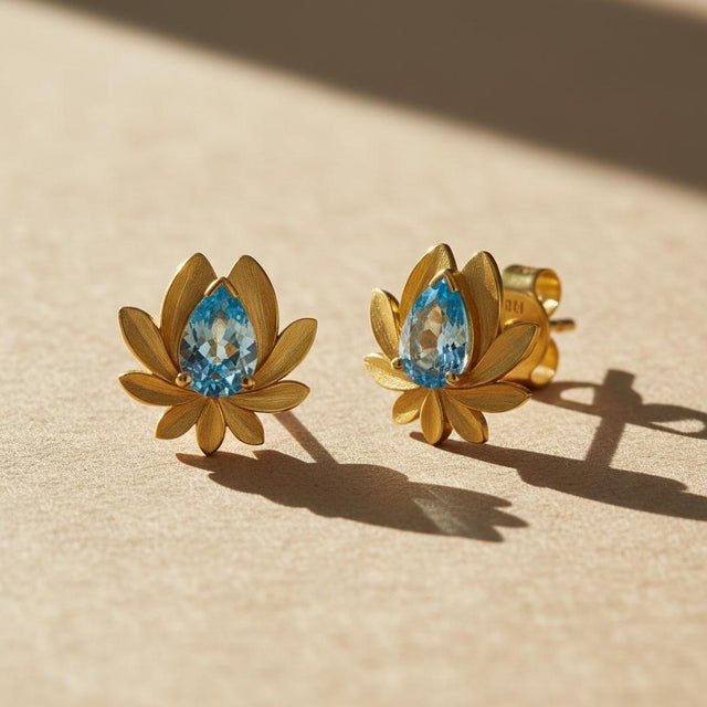 Modern Pear-Cut Topaz Lutus Flower Earrings Studs, Silver, Gold, Pair For Sale - Image 3 of 8