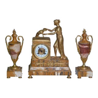 19th Century Fine French Empire Bronze Marble Clock with Garnitures Signed - 3 Pieces For Sale