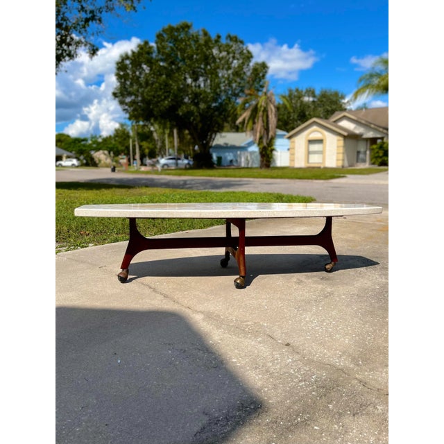 Harvey Probber Mid 20th Century Harvey Probber Style Tessellated Marble Coffee Table With Travertine Diamond Insets and Carved Base on Casters For Sale - Image 4 of 13