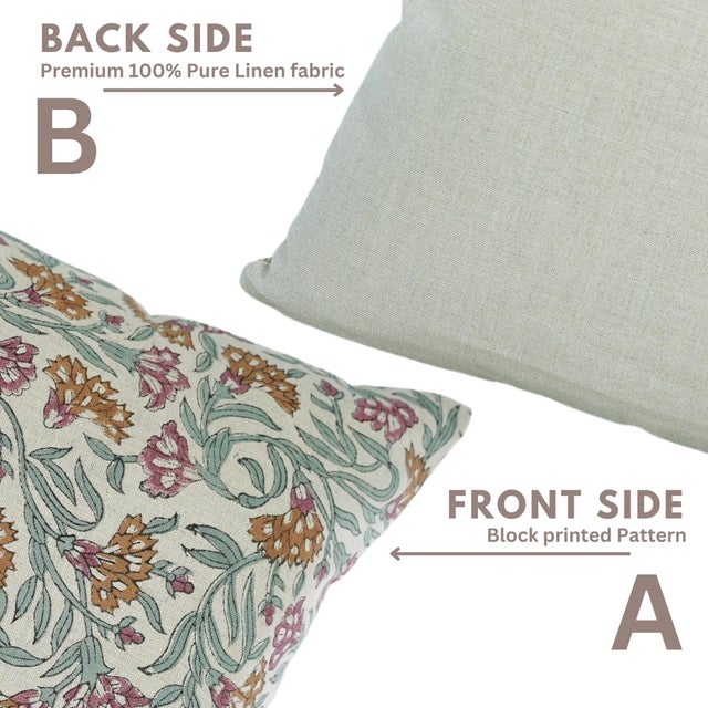 Fabdivine Handcrafted Block Print Cushion Cover 16x16 Inch Pure Linen-Thorny Stems For Sale - Image 4 of 5