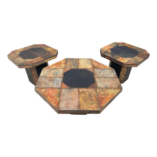 1960s Set of 3 Paul Kingma Style Brutalist Slate Tile Tables For Sale