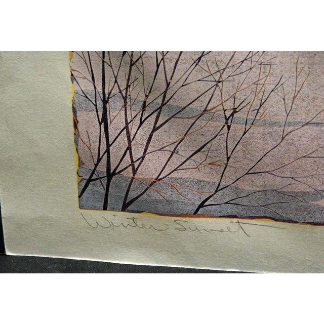 Paper Gordon Mortensen "Winter Sunset" Hand Signed Woodcut Art Print Make an Offer For Sale - Image 7 of 7