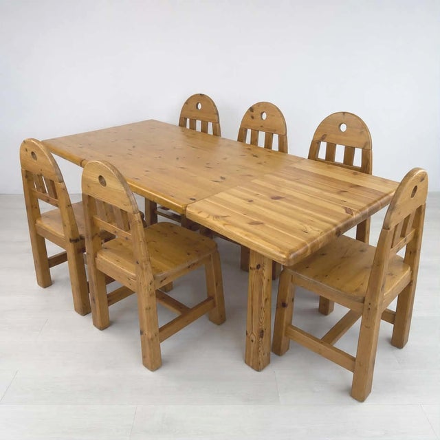 Dimensions: H 30” x W 62.5” x D 39” Extended: W 85.5” Vintage Brutalist extendable pine dining table by Wasa Mobel with...