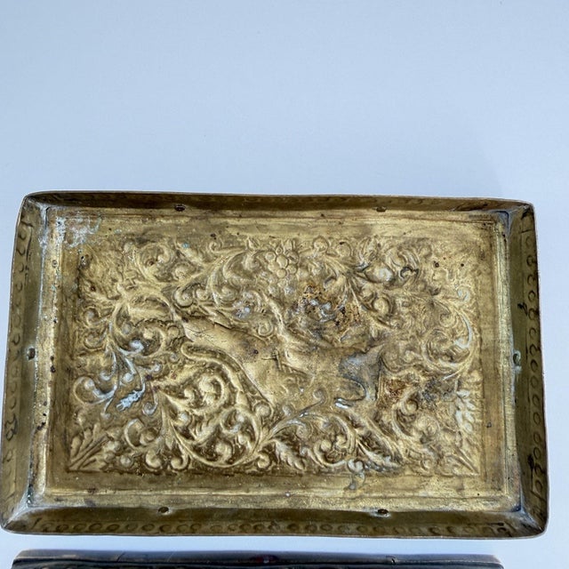 Brass Antique Art Nouveau Repousse Brass Lidded Box 5.25"x3.25"x2.5" Wolf Deer Trinket For Sale - Image 8 of 12