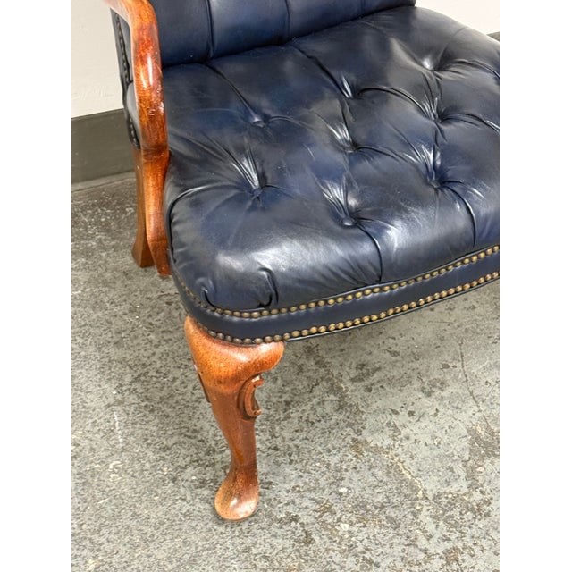 Queen Anne Style Tufted Blue Leather Armchair, Vintage For Sale - Image 10 of 14