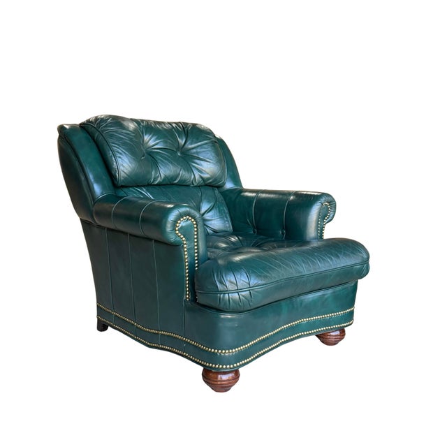 Dark Green Vintage Thomas-Bain Leather Club Chair & Ottoman Set in Peacock Teal Green | Tufted Traditional Lounge Seating For Sale - Image 8 of 18