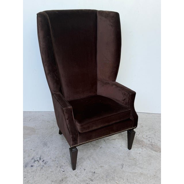 Pair Custom Mogul Los Angeles Espresso-Brown Velvet High-Back Wing Chairs For Sale - Image 15 of 16