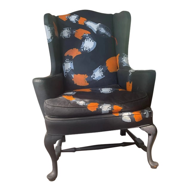 1990s Vintage Wing Chair With Snake Painted Fabric For Sale