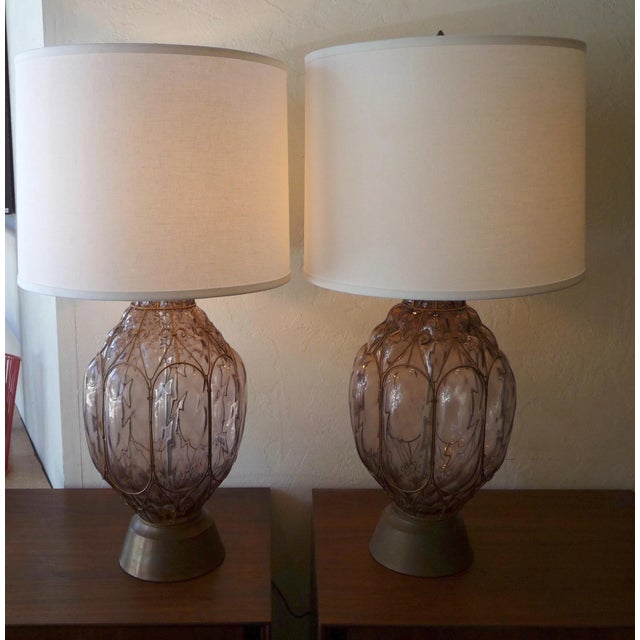 Mid-Century Dusty Rose Glass & Brass Table Lamps - a Pair For Sale In Los Angeles - Image 6 of 6