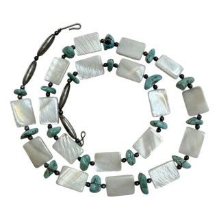 Vintage Santo Domingo Native American Shell, Turquoise and Sterling Silver Necklace For Sale