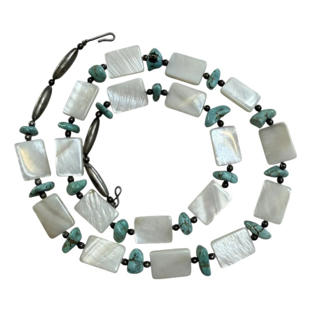 Vintage Santo Domingo Native American Shell, Turquoise and Sterling Silver Necklace For Sale