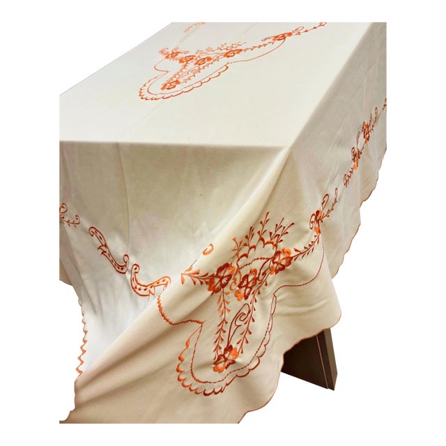 Vintage Embroidered Tablecloth – Orange Floral Beige Scalloped Edges 93"x59" For Sale