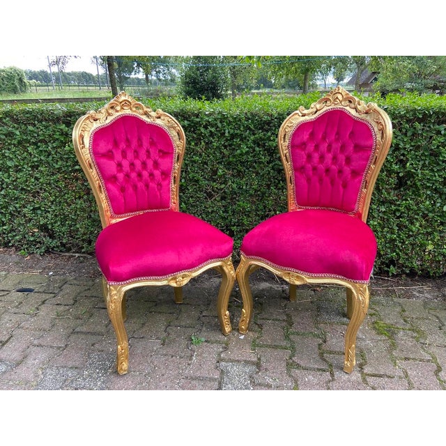 Late 20c Louis XVI Gold Beech Red Fuchsia Velvet Dining Chairs-Pair For Sale - Image 6 of 6