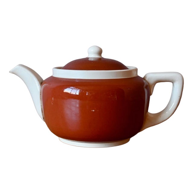 Two-Tone Sarreguemines Earthenware Teapot in Brown-Red and White, 1950s For Sale