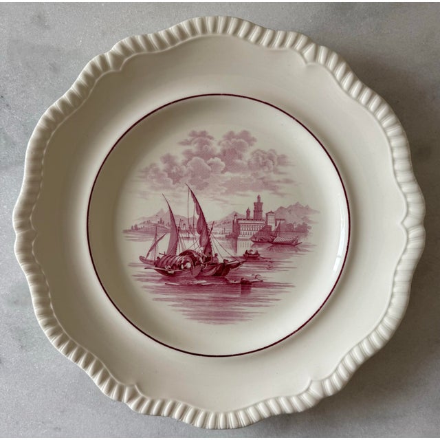 Set of 8 vintage pink transferware dinner plates made in England by Copeland Spode featuring a coastal landscape with...