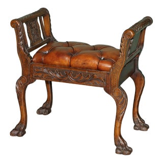 Victorian Carved Hardwood and Brown Leather Chesterfield Window Seat, 1890 For Sale