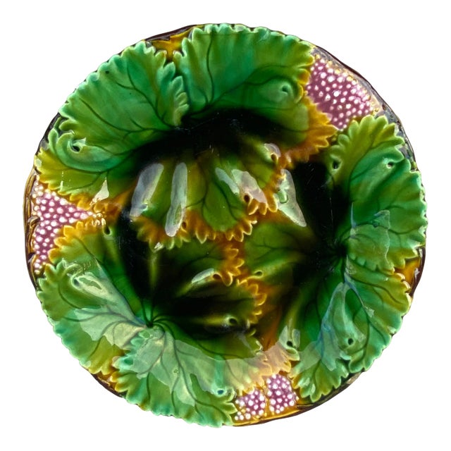 German Majolica Leaves & Flowers Plate Circa 1900 For Sale