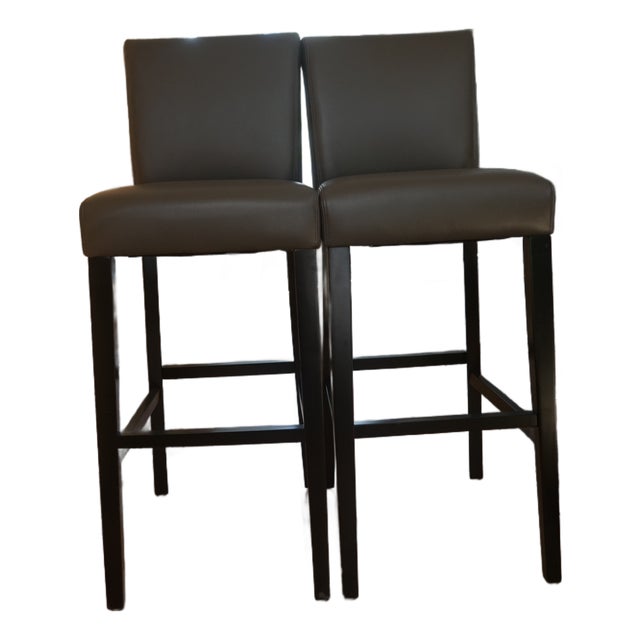 Lowe Smoke Grey Leather Counter Stool With Ebony Wood Legs For Sale