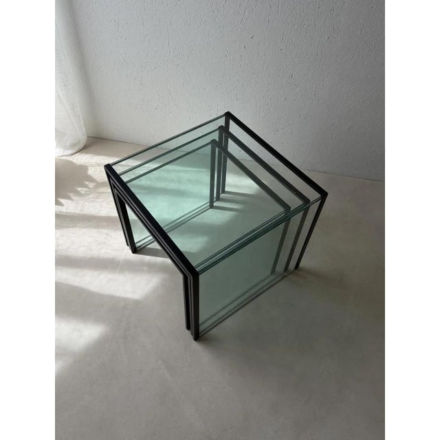 Metal Postmodernist Nesting Tables Glass Black Metal, 1980s, Set of 3 For Sale - Image 7 of 12