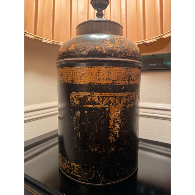 19th Century Vintage Chinoiserie Toleware Tea Canister Lamp With Pleated Shade For Sale - Image 5 of 13