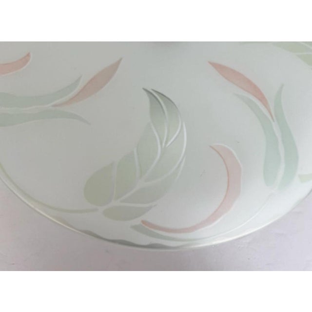 Stunning 1940s Art Nouveau disc-style semi flush mount frosted glass ceiling light reverse painted with gorgeous green and...