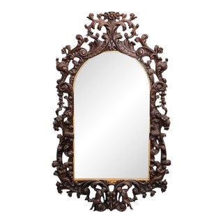 Large French Heavily Carved Antique Rococo Style Wood Wall Mirror 67 Inch Tall For Sale