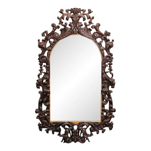 Large French Heavily Carved Antique Rococo Style Wood Wall Mirror 67 Inch Tall For Sale