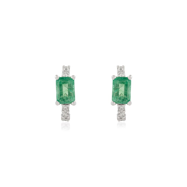 Folk Art 1.3Ct Natural Emerald-Cut Emerald & Diamond Hoop Earrings in 14k White Gold- A Pair For Sale - Image 3 of 13