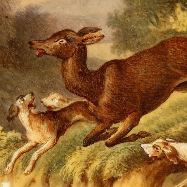 19th Century Antique 19th Century Pink Border Hand Painted Paris Porcelain Plate With Deer Hunt and Dog Scene For Sale - Image 5 of 12