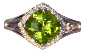 The 37th Avenue: Cushion Shaped Peridot and Diamond Halo Ring