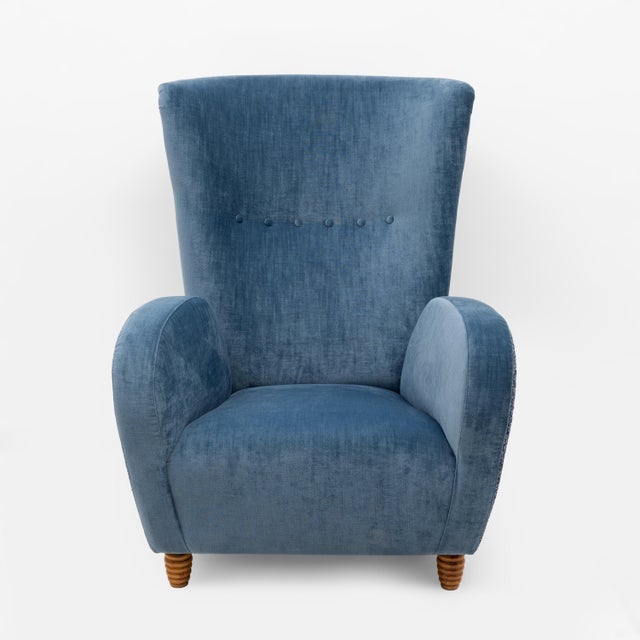 1950s Italian High-Back Armchairs in Blue Velvet and Chenille attributed to Paolo Buffa, 1950, Set of 2 For Sale - Image 5 of 10
